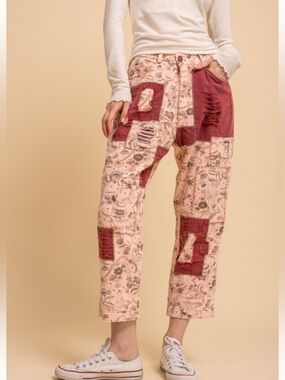 080. Floral print patchwork slouchy straight denim in pink red